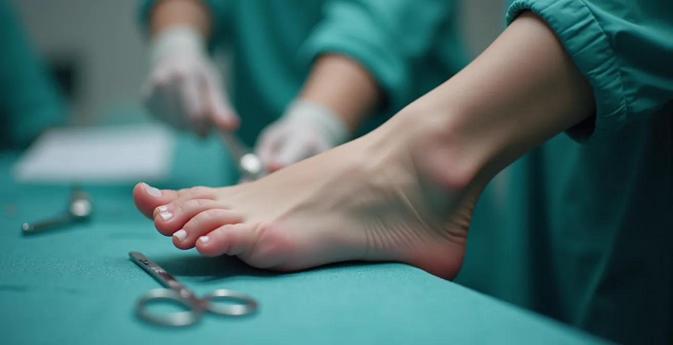 Pied présentant une déformation d'hallux valgus avec consultation médicale